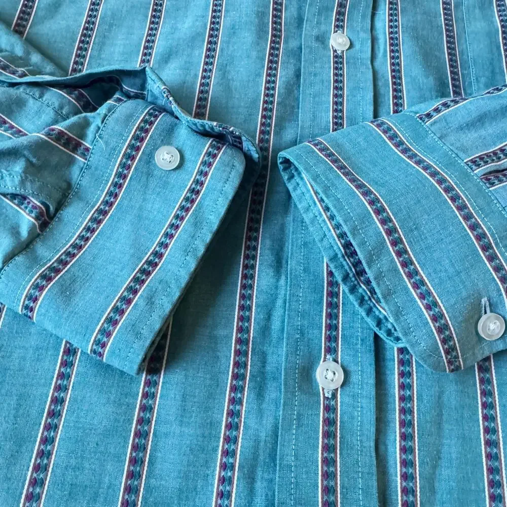 Sears Roebuck Vintage Button Down Shirt Men's 17 34/35 Blue Western Retro‎